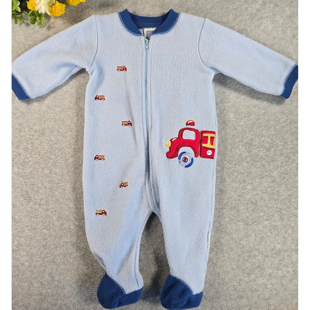 Vintage Y2K Little Me Footed Sleeper 3-6m Blue Firetruck Fleece Zip Up Pajamas